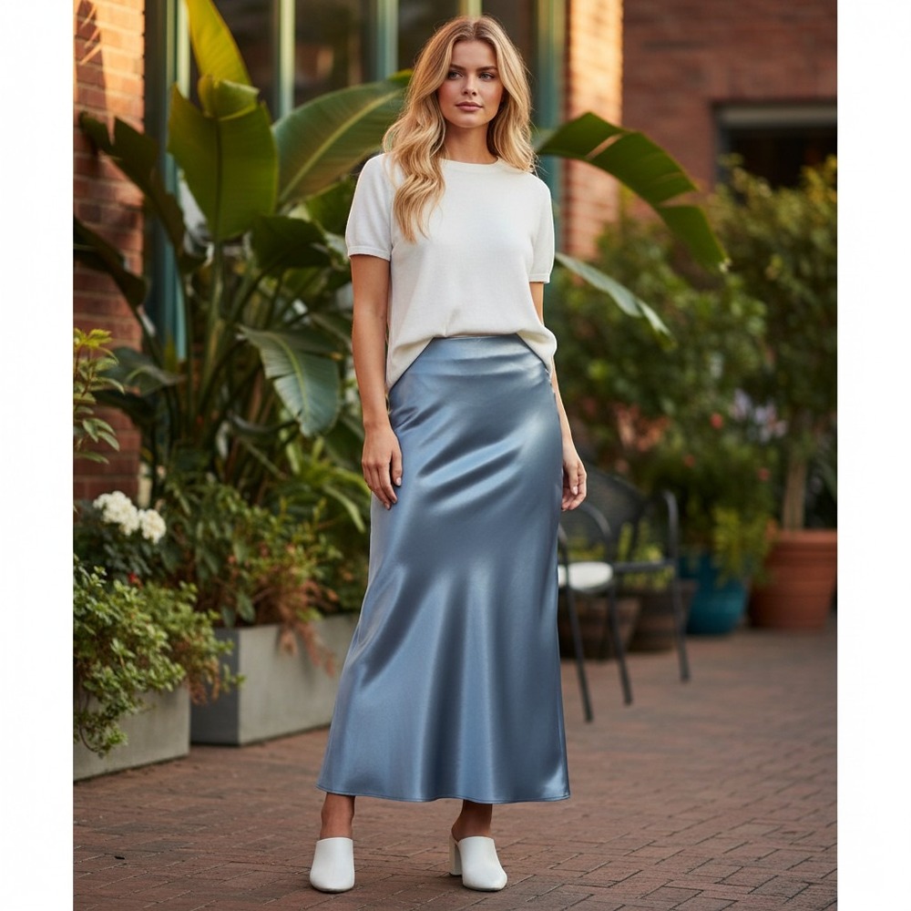 Y2K Maxi Metallic Steel Blue Satin Bias Cut Midi Slip Skirt Womens Small